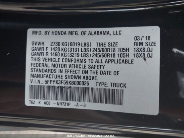 5FPYK3F59KB000026 Honda Ridgeline Rtl