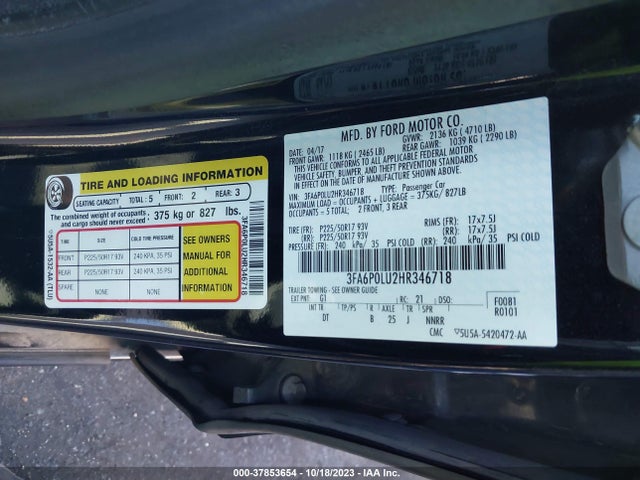 2017 FORD FUSION HYBRID SE VIN: 3FA6P0LU2HR346718