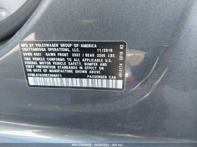 2019 VOLKSWAGEN PASSAT 1VWLA7A33KC008071 Photo 8