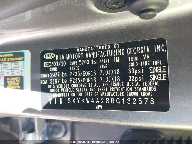 2011 KIA SORENTO SX VIN: 5XYKW4A28BG132578