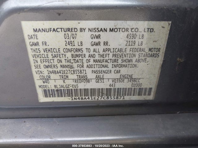 2007 NISSAN MAXIMA 3.5 SL VIN: 1N4BA41E27C855871