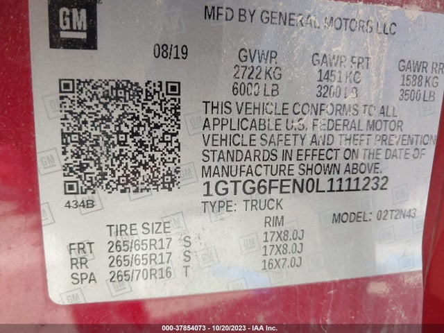 2020 GMC CANYON 4WD SHORT BOX ALL TERRAIN - CLOTH VIN: 1GTG6FEN0L1111232