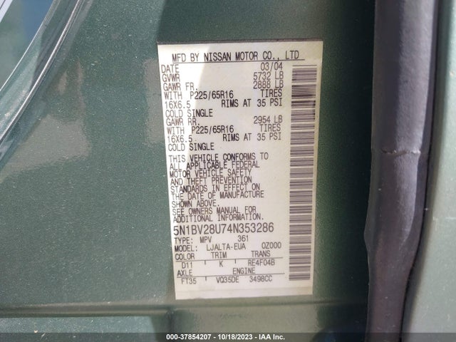 2004 NISSAN QUEST SL VIN: 5N1BV28U74N353286
