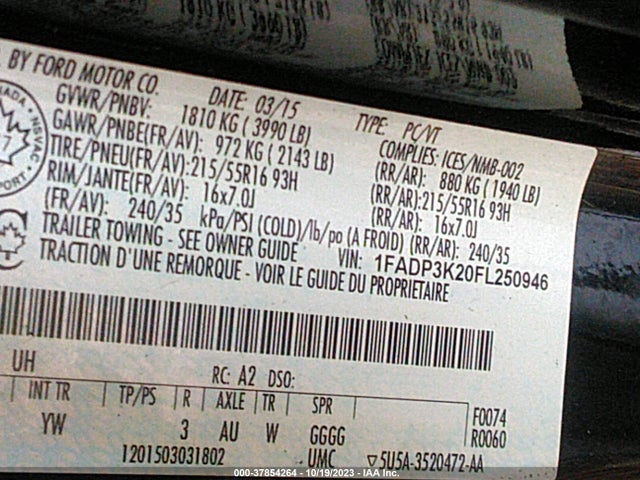 2015 FORD FOCUS SE VIN: 1FADP3K20FL250946