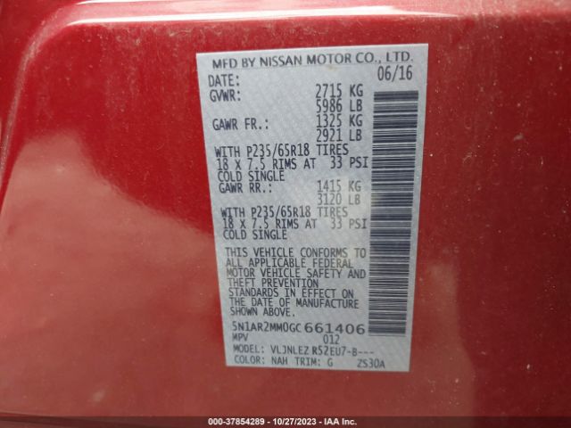 5N1AR2MM0GC661406 Nissan Pathfinder Platinum/sv/sl/s