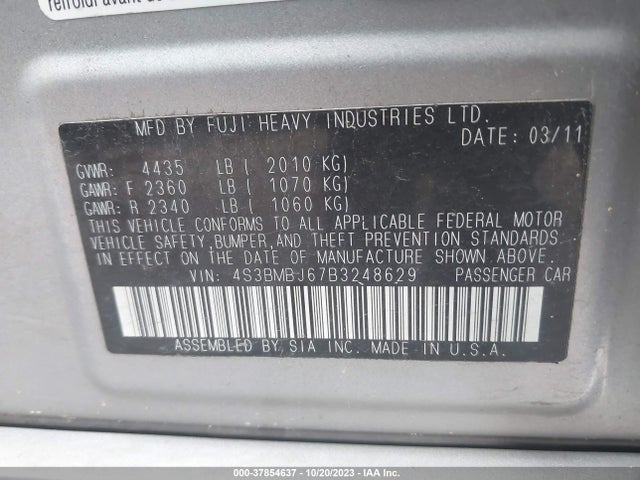 2011 SUBARU LEGACY 2.5I LTD VIN: 4S3BMBJ67B3248629