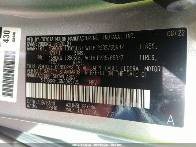 Toyota SIENNA LE 2022 5TDBSKFC6NS065729 Image 9