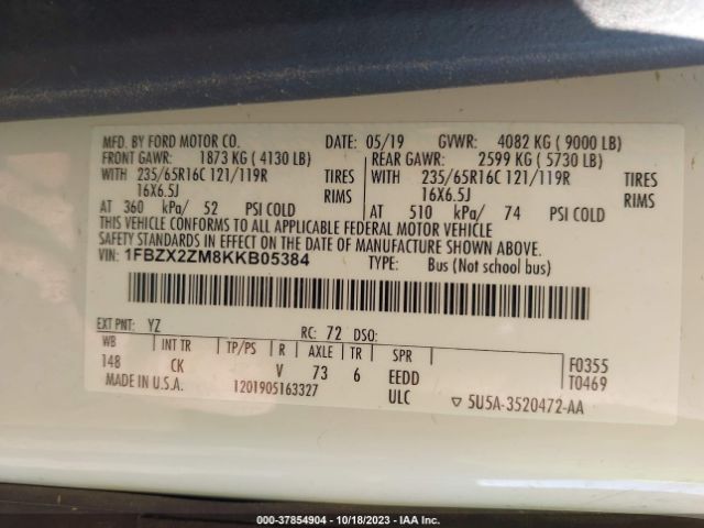 1FBZX2ZM8KKB05384 Ford Transit Passenger Wagon Xl/xlt