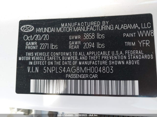2021 HYUNDAI ELANTRA SEL VIN: 5NPLS4AG8MH004803