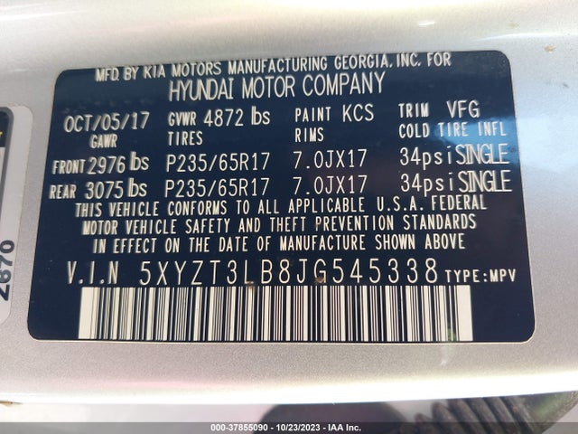 2018 HYUNDAI SANTA FE SPORT 2.4L VIN: 5XYZT3LB8JG545338