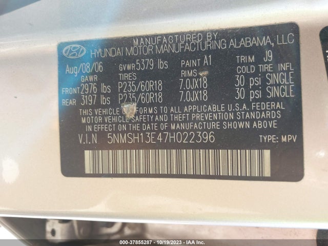 Aukcja sprzedaży 2007 Hyundai Santa Fe Se/limited, vin: 5NMSH13E47H022396, numer aukcji: 37855287