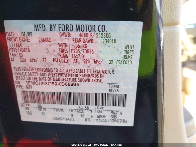 2009 FORD ESCAPE XLT VIN: 1FMCU93G59KD08695