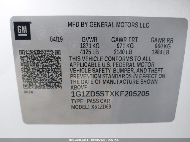 2019 CHEVROLET MALIBU LT VIN: 1G1ZD5STXKF205205