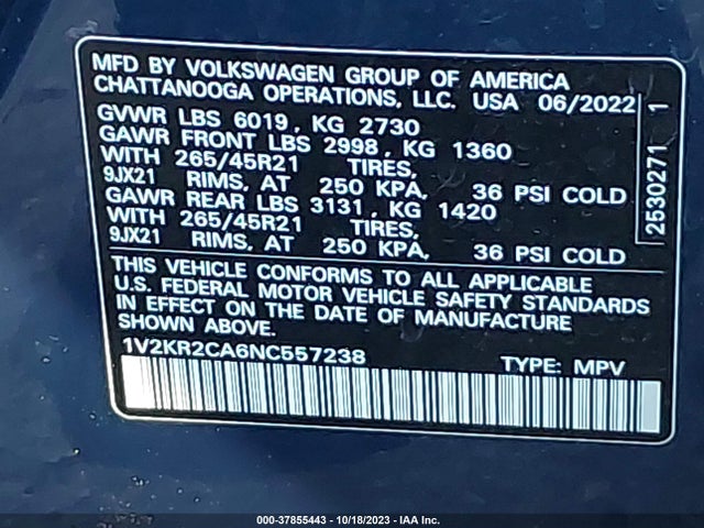 1V2KR2CA6NC557238 Volkswagen Atlas 3.6l V6 Se W/technology