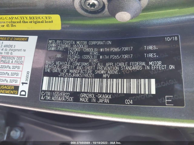 2019 TOYOTA 4RUNNER SR5 VIN: JTEZU5JR4K5198301