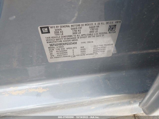 2015 GMC SIERRA 1500 SLT VIN: 3GTU2VECXFG323438