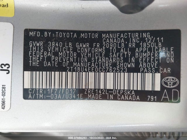 2012 TOYOTA COROLLA S VIN: 2T1BU4EE0CC762523