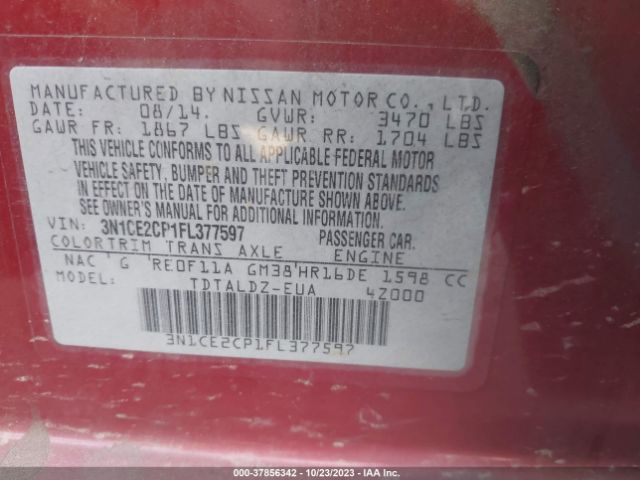 3N1CE2CP1FL377597 Nissan Versa Note S/s Plus/sv/sr/sl