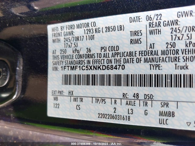 2022 FORD F-150 XL/XLT VIN: 1FTMF1C5XNKD68470