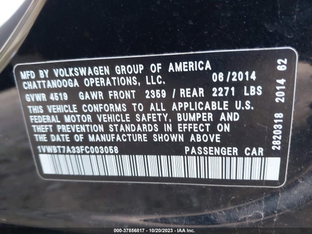 1VWBT7A33FC003058 Volkswagen Passat 1.8t Se