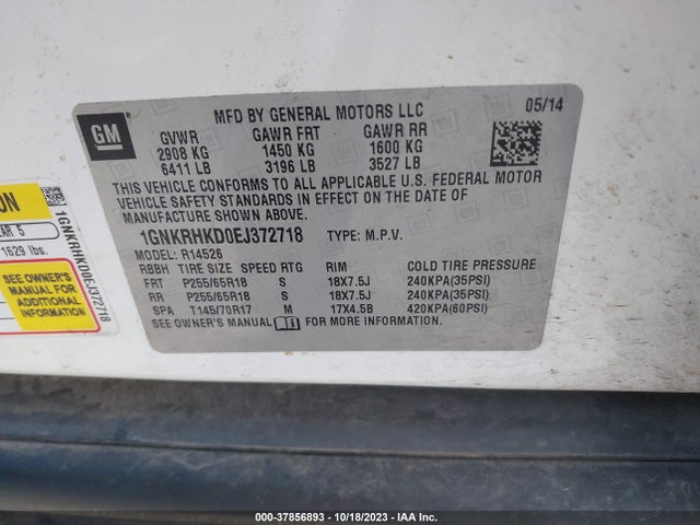 Chevrolet Traverse 2lt 2014 1GNKRHKD0EJ372718 Image 9