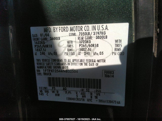 2004 FORD F-150 XL/XLT/LARIAT VIN: 1FTPX12544NB32504