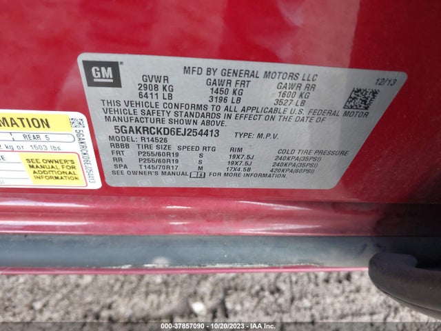 2014 BUICK ENCLAVE PREMIUM VIN: 5GAKRCKD6EJ254413