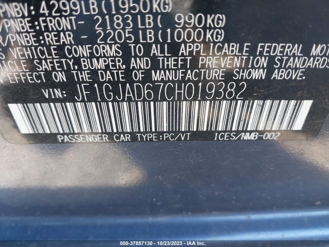 2012 SUBARU IMPREZA SEDAN 2.0I PREMIUM VIN: JF1GJAD67CH019382