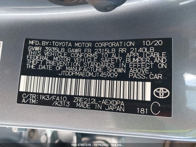 Toyota COROLLA L 2021 JTDDPMAE0MJ145909 Image 9