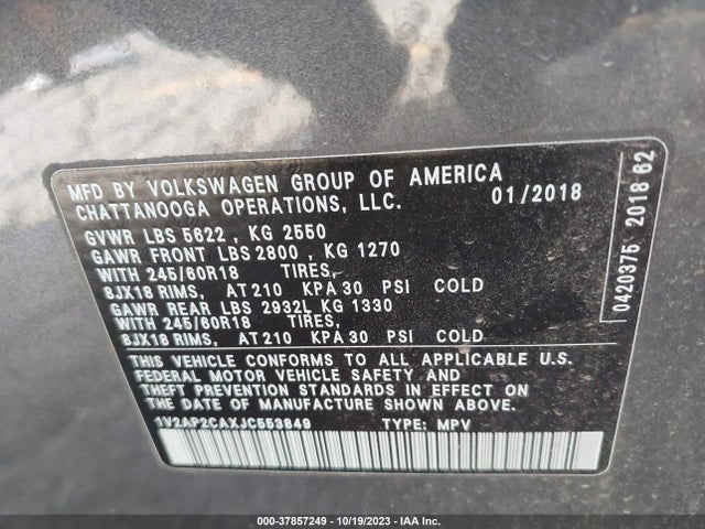 2018 VOLKSWAGEN ATLAS 2.0T S VIN: 1V2AP2CAXJC553849