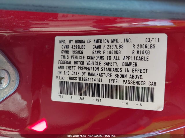 2011 HONDA ACCORD CPE LX-S VIN: 1HGCS1B36BA014181