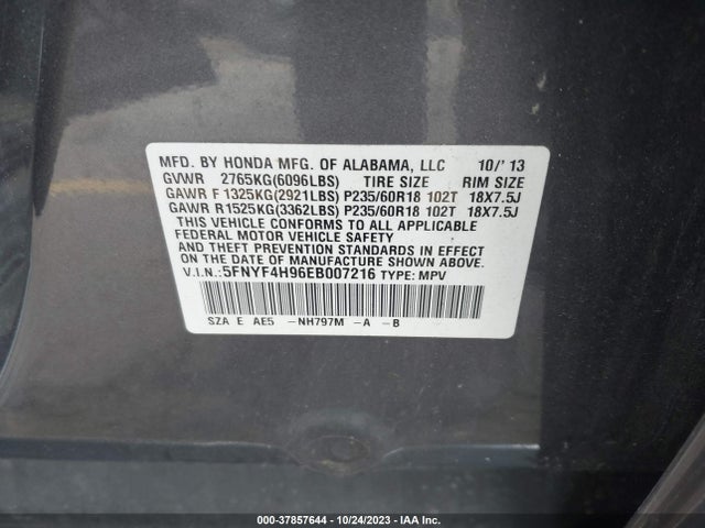 2014 HONDA PILOT TOURING VIN: 5FNYF4H96EB007216
