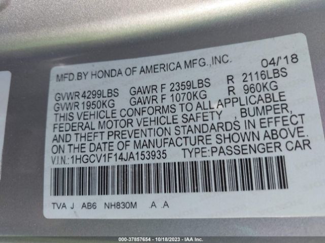 1HGCV1F14JA153935 Honda Accord Sedan Lx 1.5t