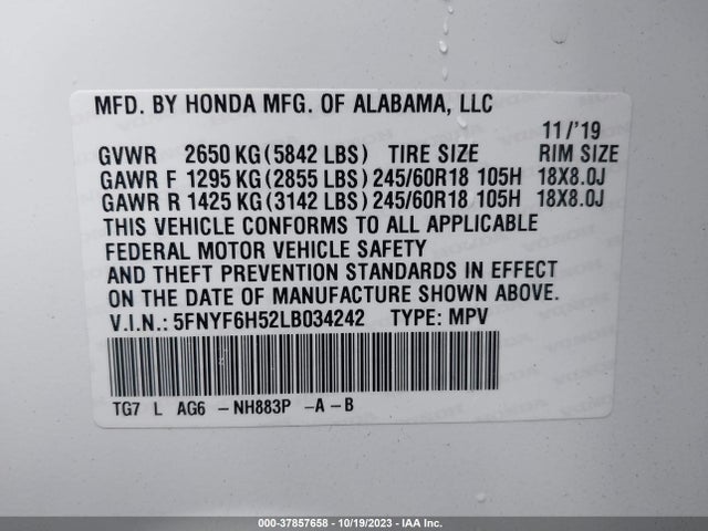 Honda Pilot Awd Ex-l 2020 5FNYF6H52LB034242 Image 9