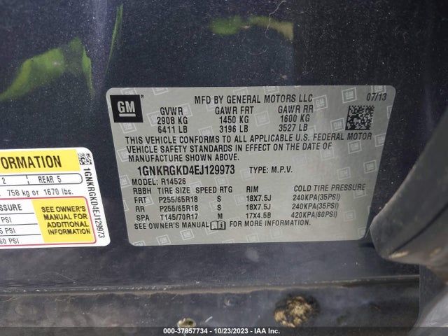 Chevrolet Traverse Lt 2014 1GNKRGKD4EJ129973 Image 9