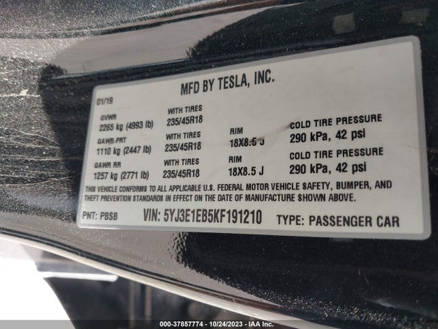 2019 TESLA MODEL 3 PERFORMANCE/LONG RANGE VIN: 5YJ3E1EB5KF191210