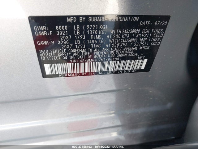 2021 SUBARU ASCENT LIMITED VIN: 4S4WMAJD7M3400188