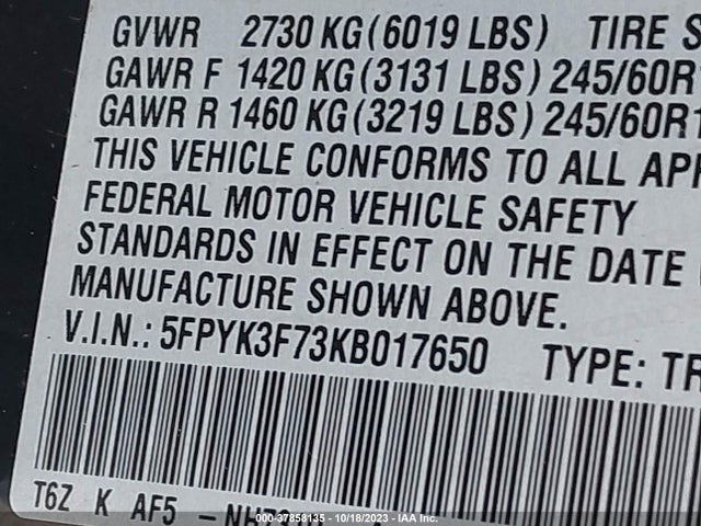 Honda Ridgeline Rtl-e 2019 5FPYK3F73KB017650 Image 9
