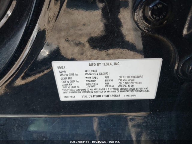 2021 TESLA MODEL Y PERFORMANCE DUAL MOTOR ALL-WHEEL DRIVE VIN: 5YJYGDEF5MF189545