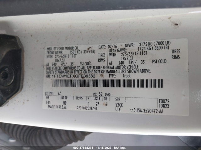2016 FORD F-150 XLT/XL/LARIAT/PLATINUM VIN: 1FTEW1EFXGFB30382
