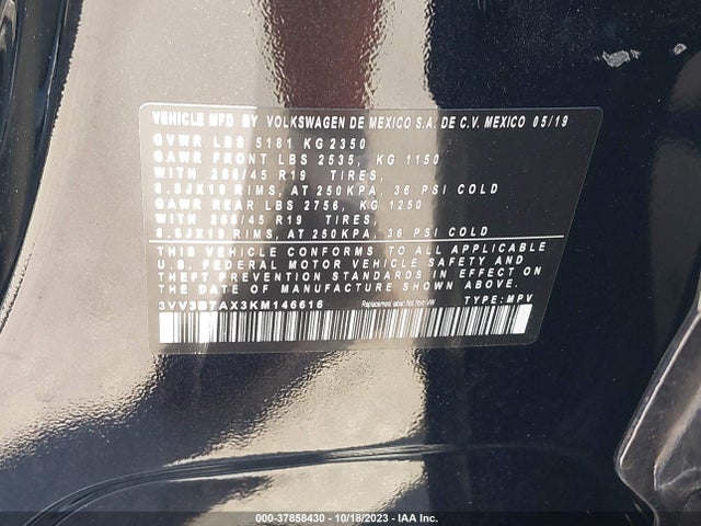 3VV3B7AX3KM146616 Volkswagen Tiguan Se/sel/sel R-line