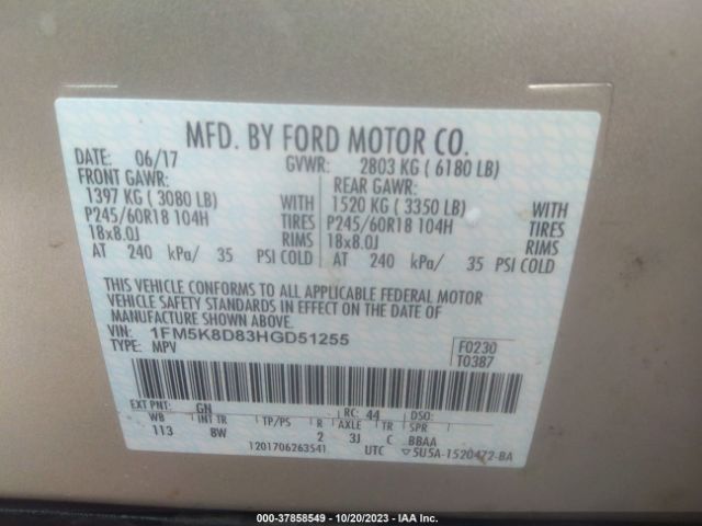 1FM5K8D83HGD51255 Ford EXPLORER XLT