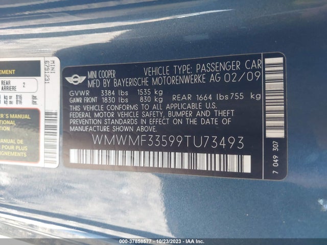 2009 MINI COOPER HARDTOP WMWMF33599TU73493 Photo 8