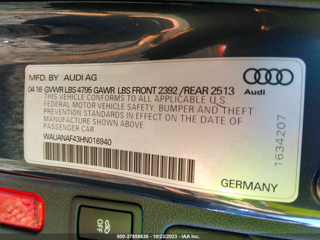 2017 AUDI A4 2.0T PREMIUM VIN: WAUANAF43HN016940
