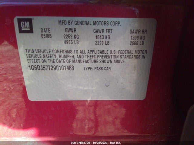 2009 CADILLAC CTS RWD W/1SA VIN: 1G6DJ577290101488