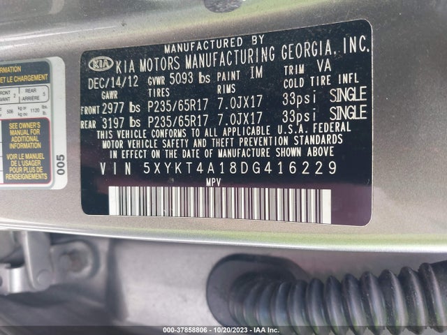 2013 KIA SORENTO LX VIN: 5XYKT4A18DG416229