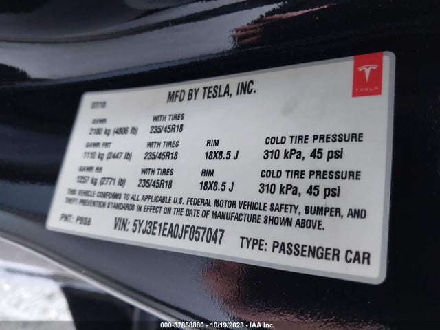Tesla Model 3 Range Battery 2018 5YJ3E1EA0JF057047 Image 9