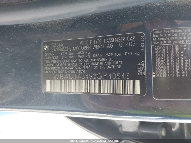 2002 BMW 5 SERIES 525IA VIN: WBADT43492GY40543
