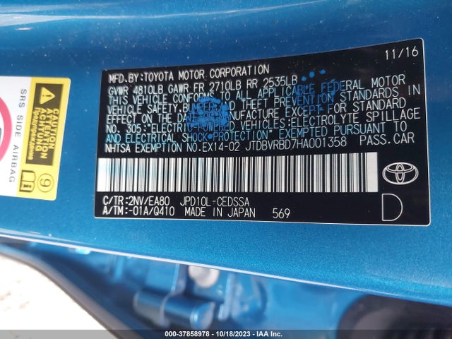 2017 TOYOTA MIRAI VIN: JTDBVRBD7HA001358