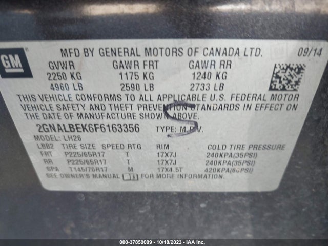 2015 CHEVROLET EQUINOX LT VIN: 2GNALBEK6F6163356